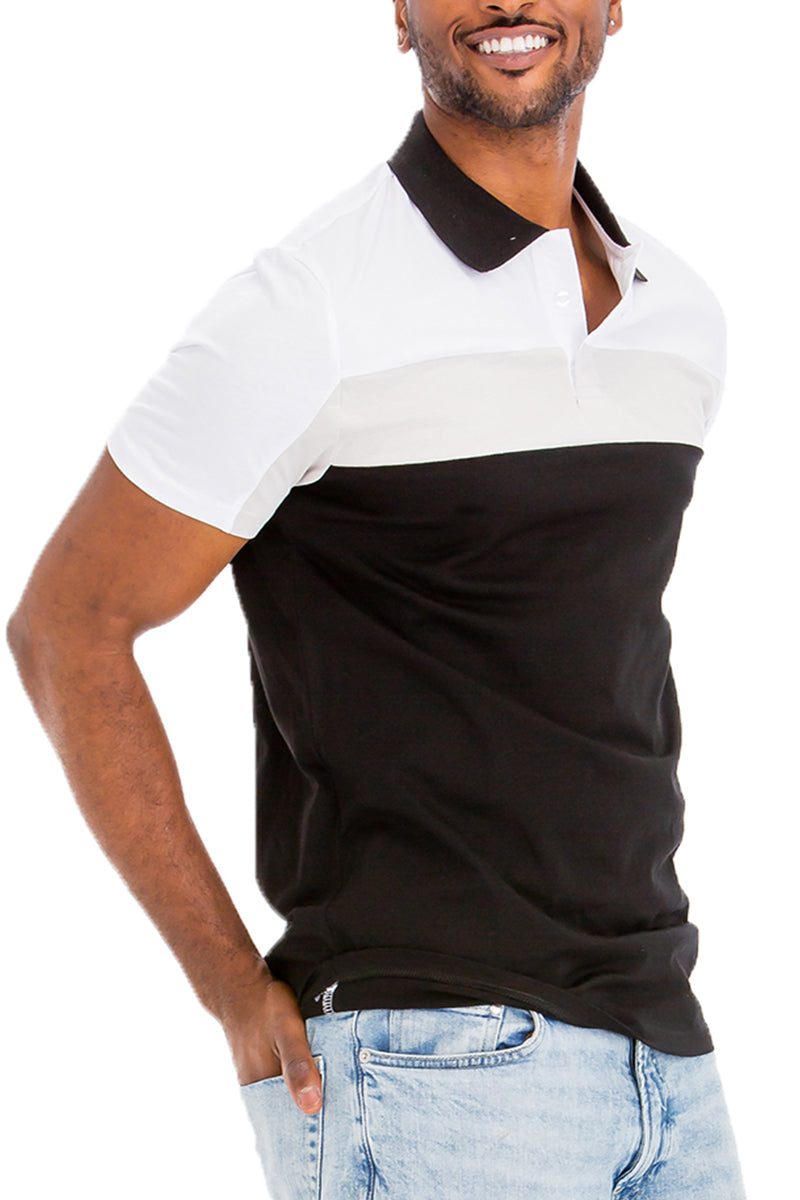 Side view of TADAJ Heritage Polo Shirt in black and white, showcasing its tailored fit and breathable cotton blend for everyday use.