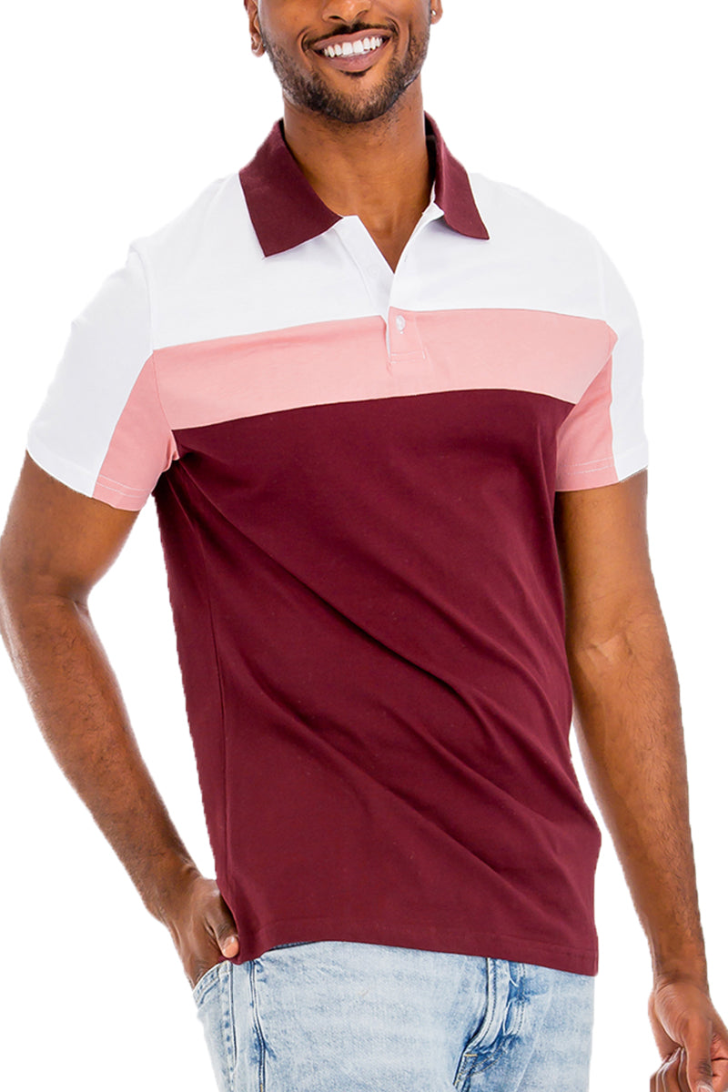 TADAJ Heritage Polo Shirt in burgundy, pink, and white color block design, offering a classic fit and breathable fabric for versatile wear.