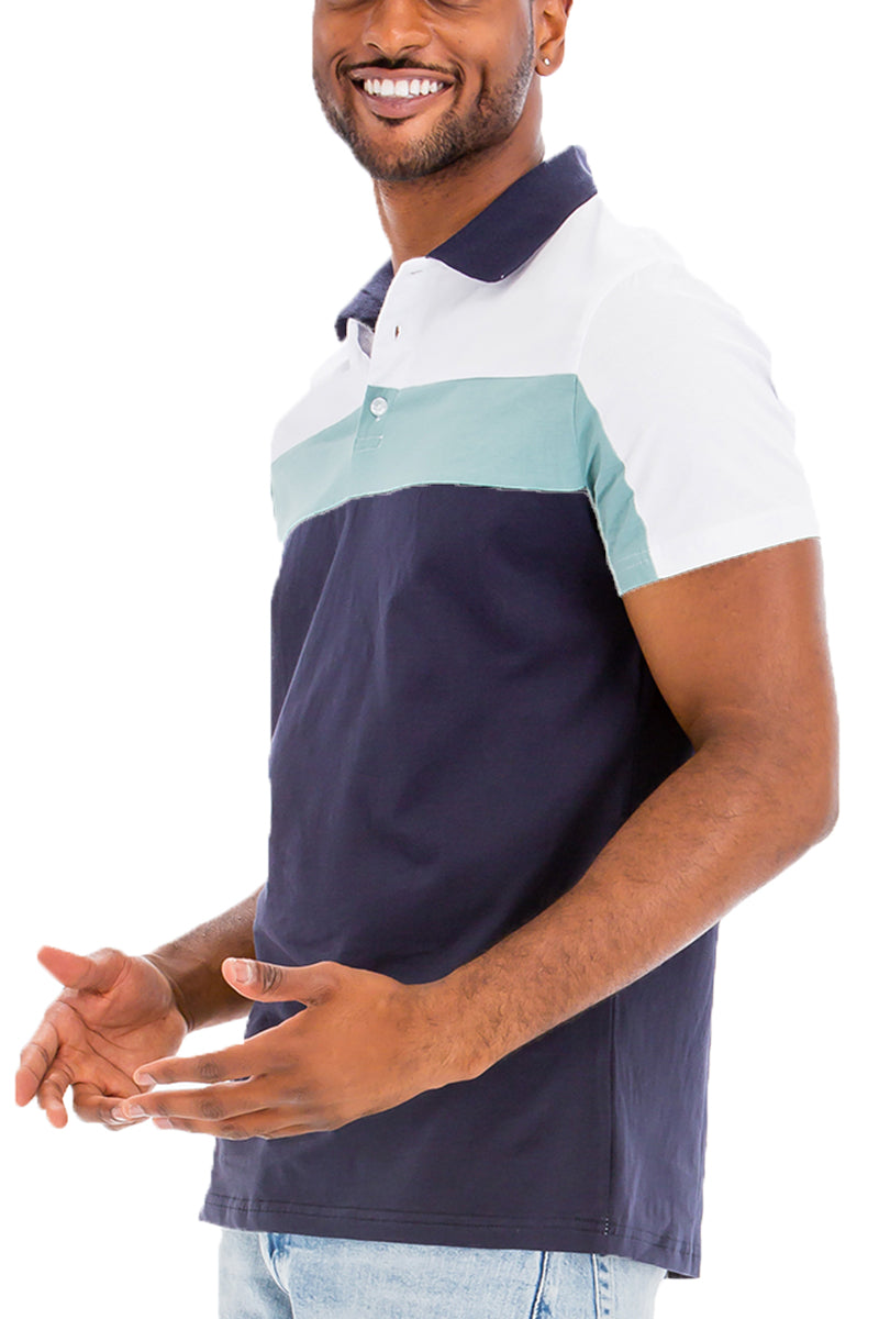 TADAJ Heritage Polo Shirt in navy, teal, and white, designed for timeless style and breathable comfort in casual settings.